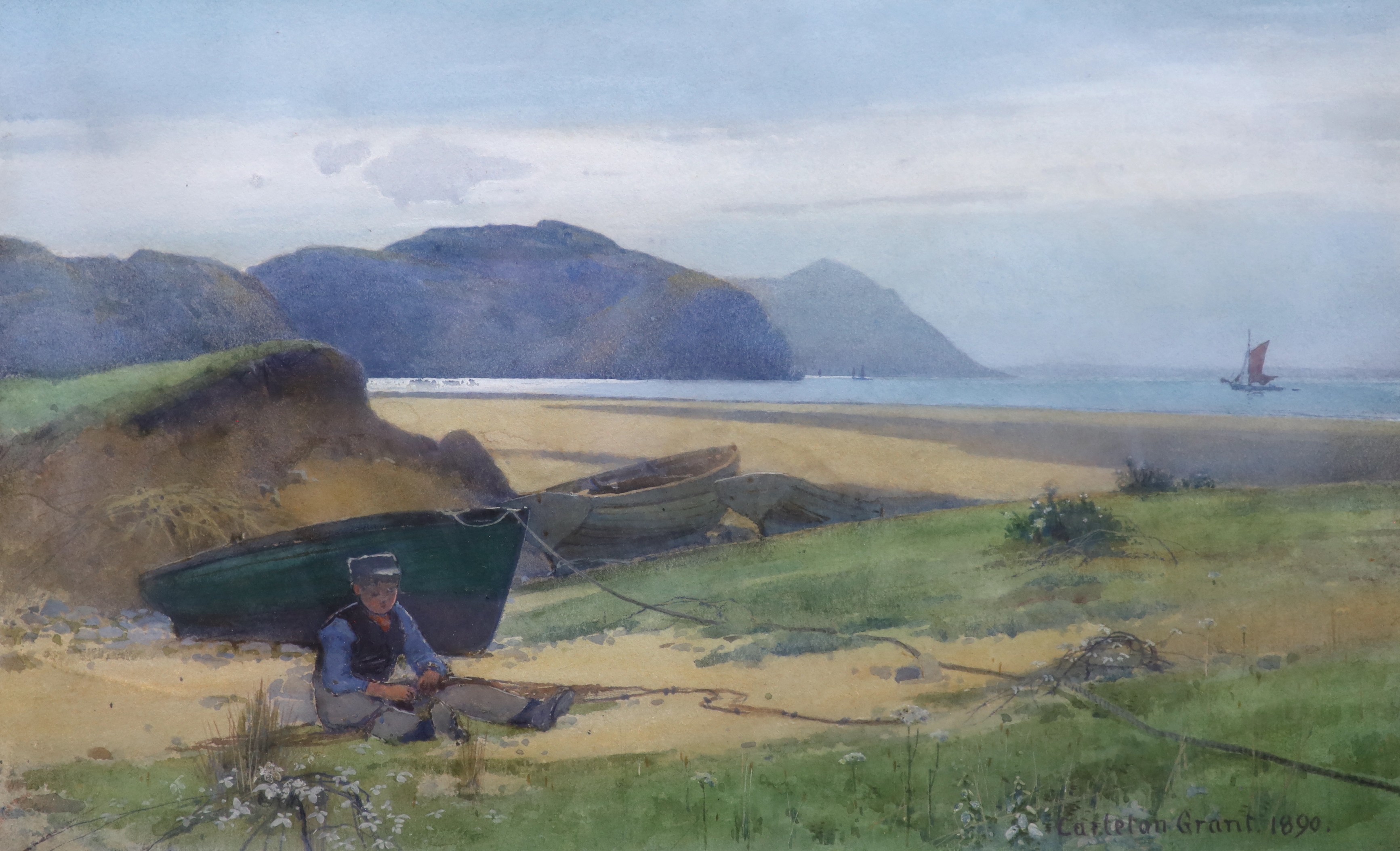Carleton Grant (1860-1930), watercolour, Fisherboy mending nets on the seashore, signed and dated 1890, 24 x 39cm